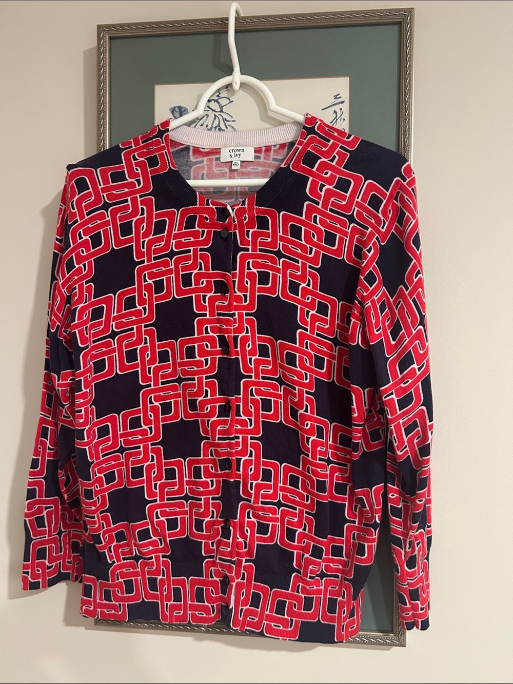 crown & ivy Navy and Red Geometric Link-Print Cardigan